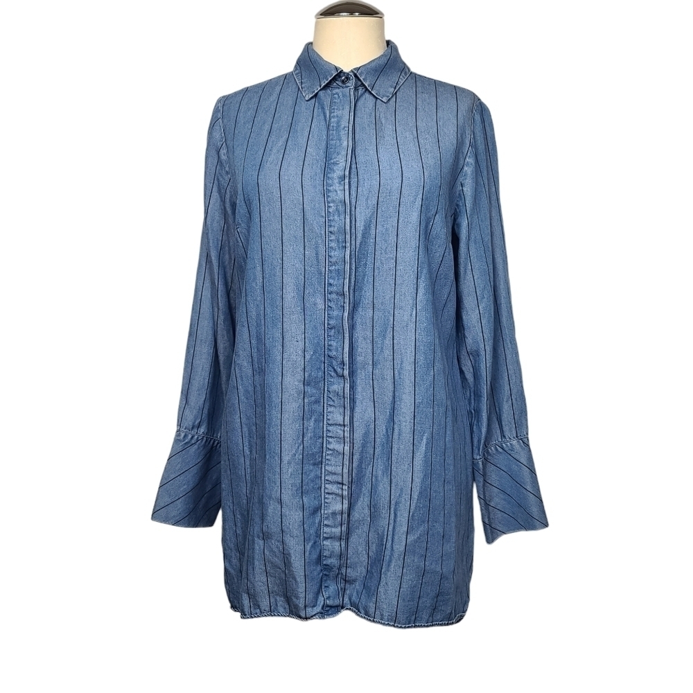 Soft Surroundings Madison Blue Black Stripes Hidden Button Down Tunic Blouse S